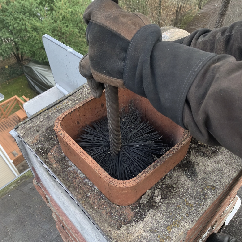Professional chimney sweep cleaning a chimney flue with a wire brush