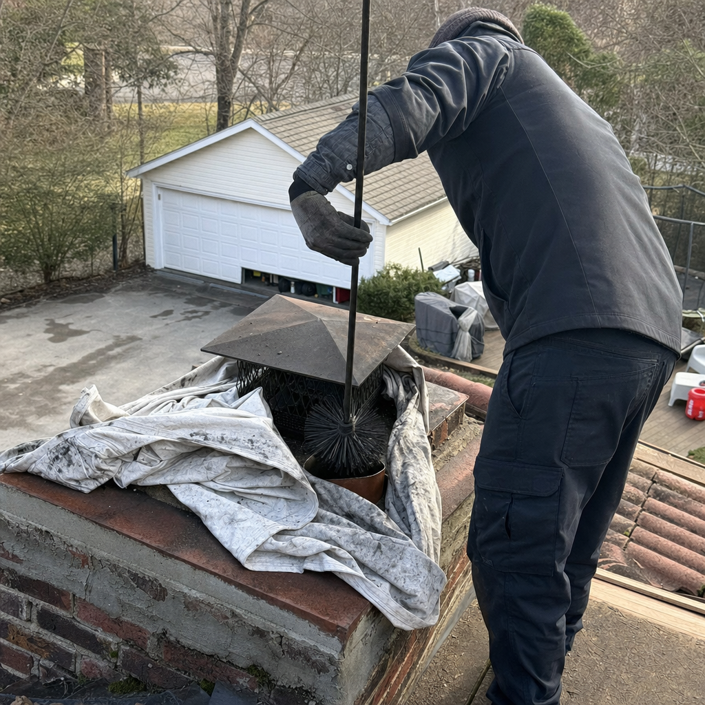 Professional chimney sweep cleaning a residential chimney stack on a roof