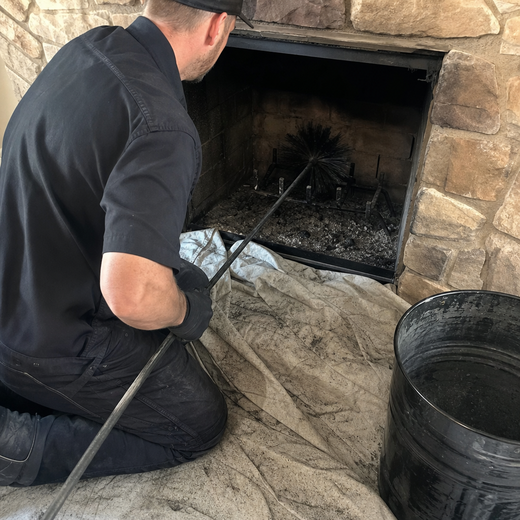Professional chimney sweep cleaning a stone fireplace with a brush