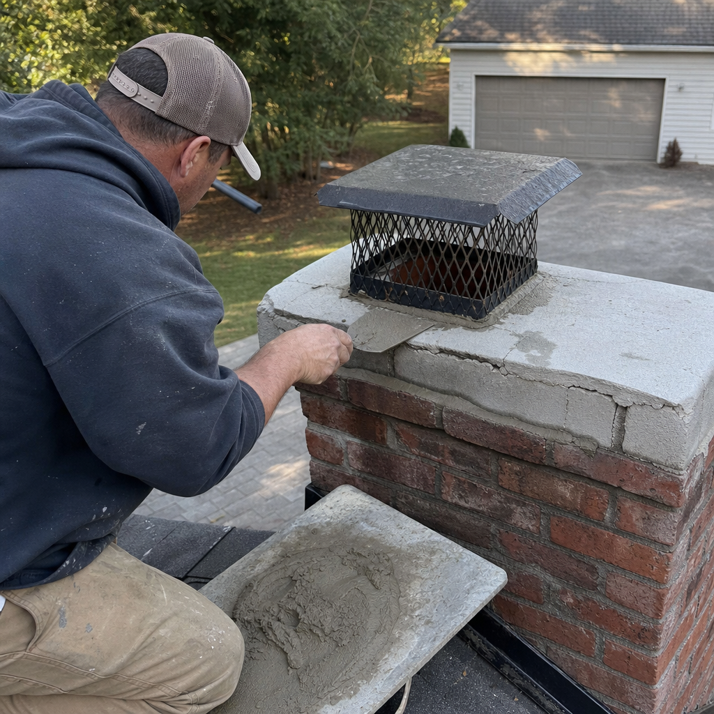 Professional technician repairing a brick chimney crown with mortar on a roof