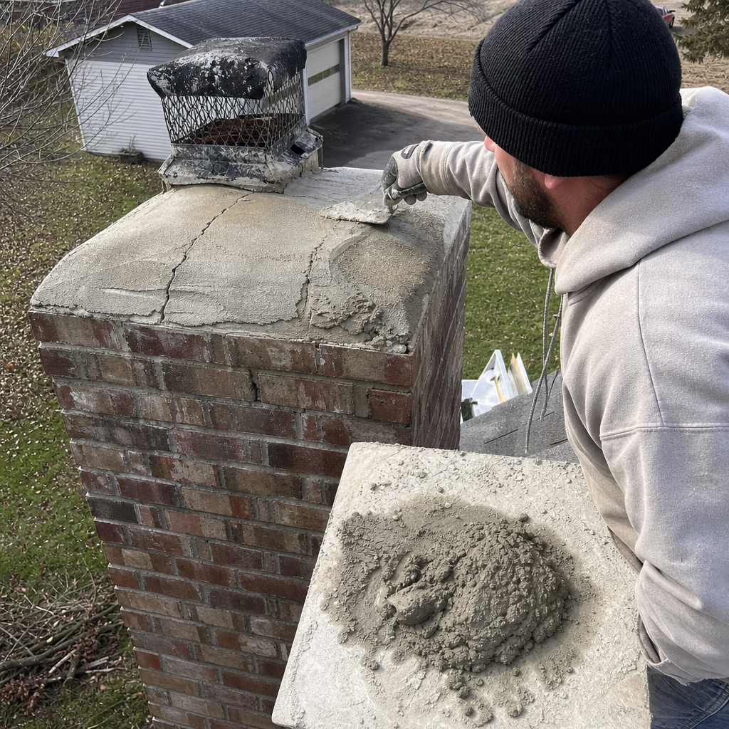Professional contractor repairing a damaged brick chimney crown with fresh mortar