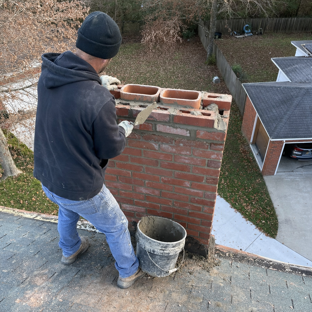 Professional mason performing brick chimney repair and mortar work on a roof.