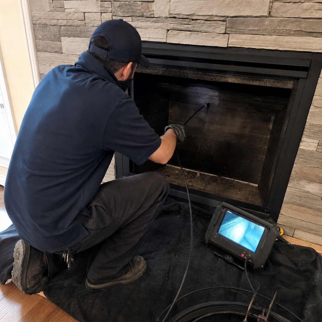 Chimney professional inspecting fireplace interior with camera equipment