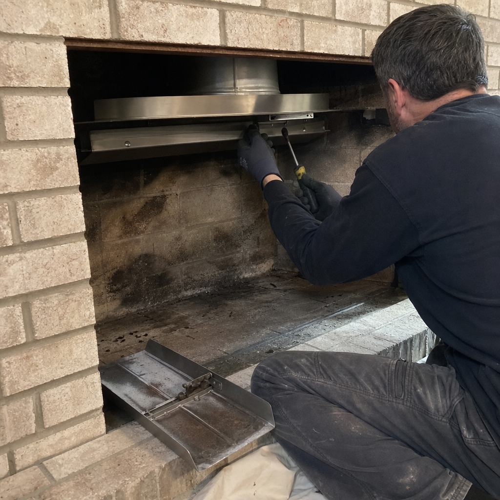 Professional technician installing a fireplace insert in a brick chimney.