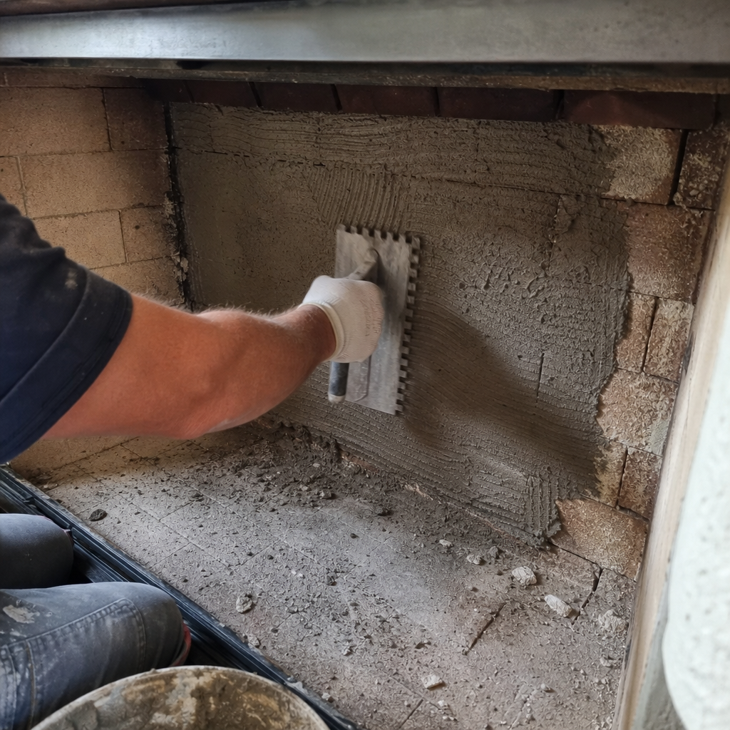 Professional contractor applying mortar to fireplace firebox during maintenance services