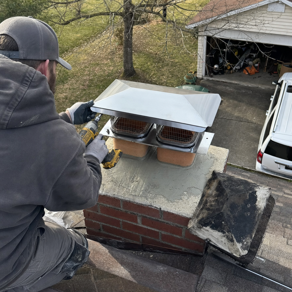 Technician installing a new stainless steel chimney cap on a brick chimney. in Clinton, TN