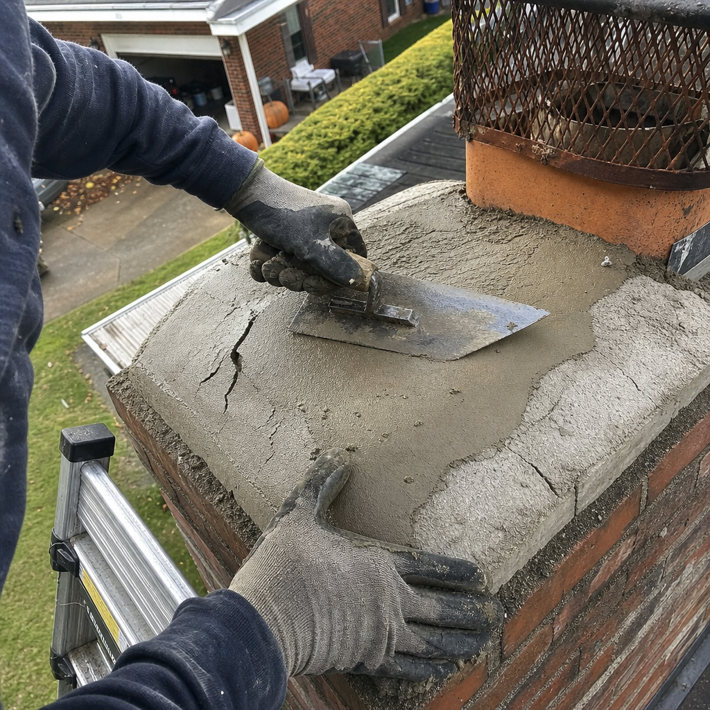 Professional contractor repairing a cracked chimney crown with mortar and trowel in Clinton, TN
