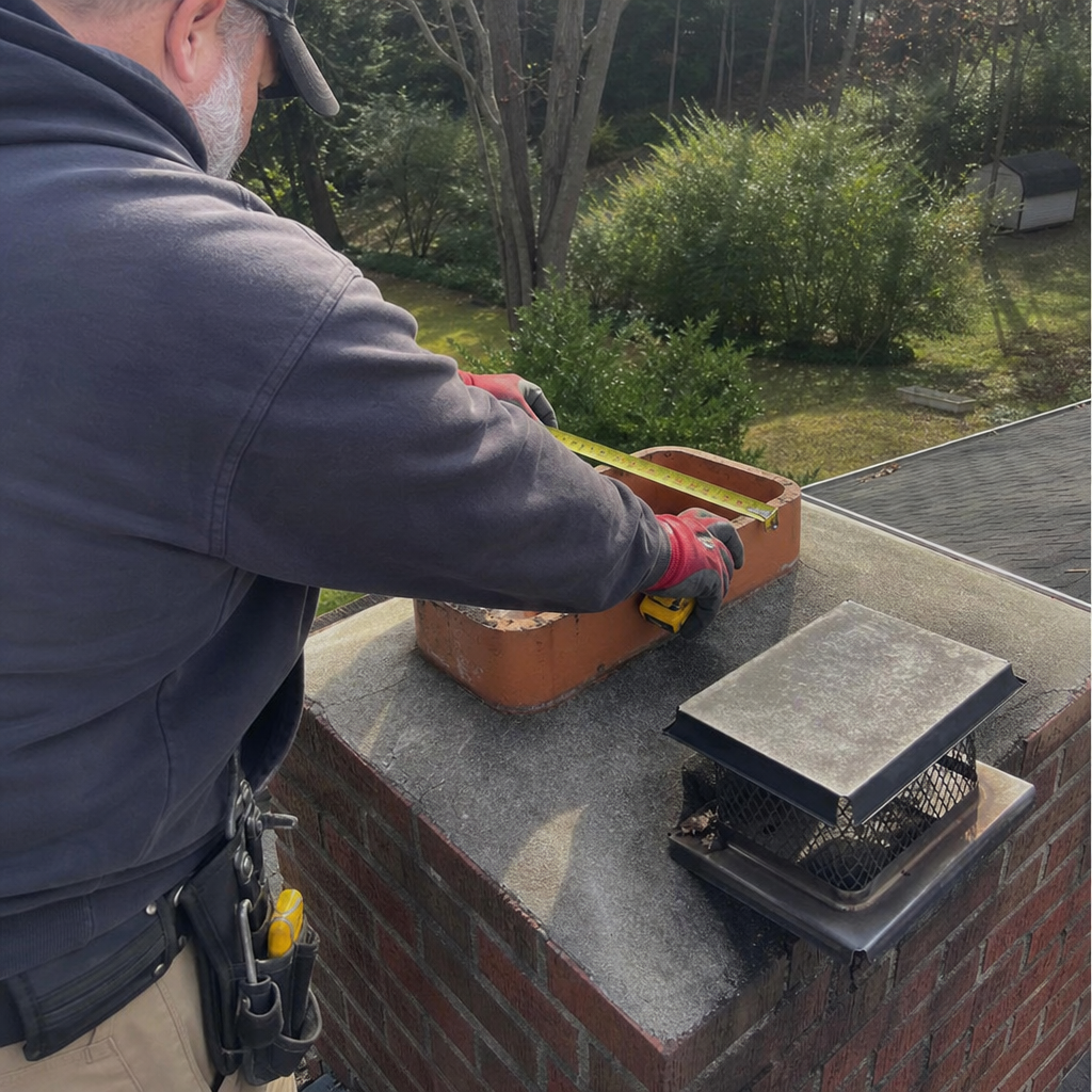 Technician measuring a chimney flue for custom chimney cap installation in LaFollette, TN