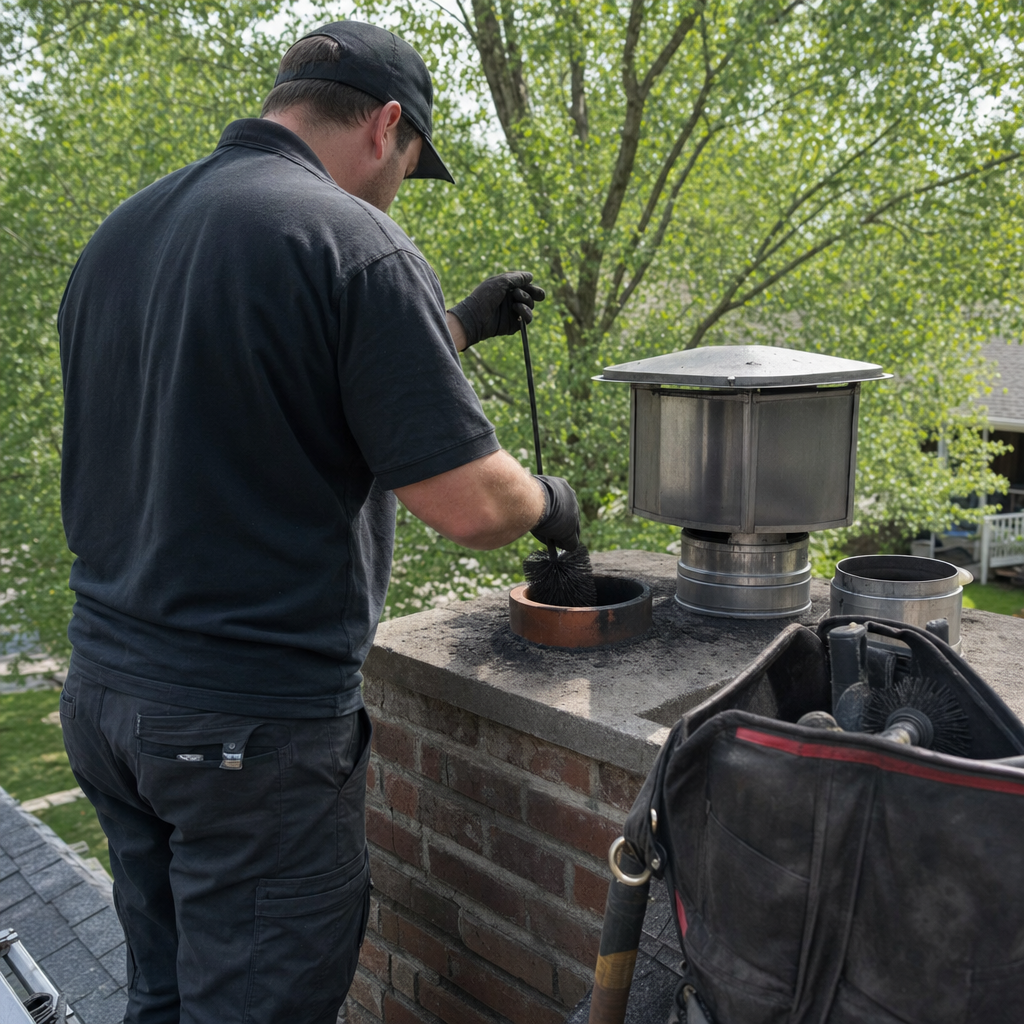Professional technician performing routine chimney cleaning and maintenance on a rooftop in Knoxville, TN