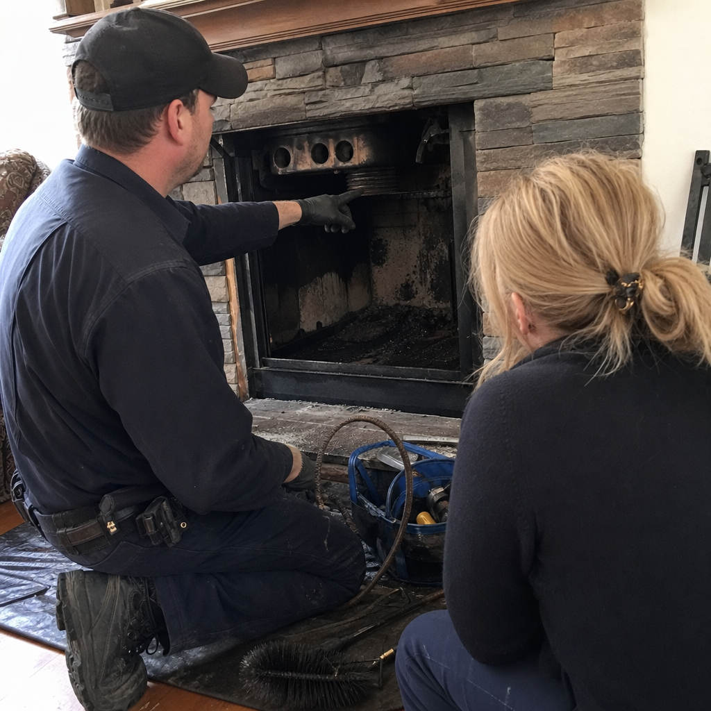 professional chimney sweep inspecting a fireplace with a homeowner in Knoxville, TN
