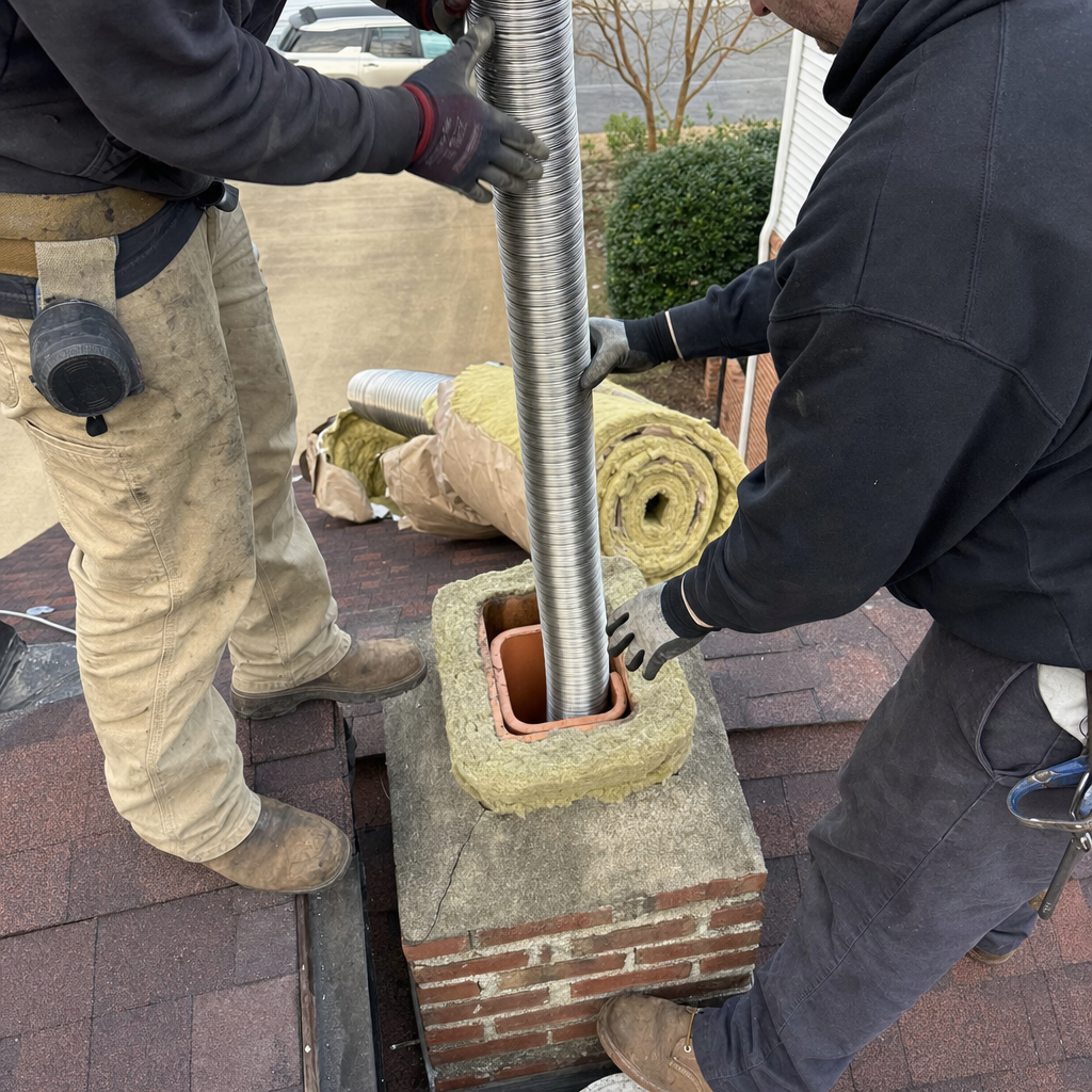 Technicians installing a flexible stainless steel chimney liner on a rooftop in Clinton, TN