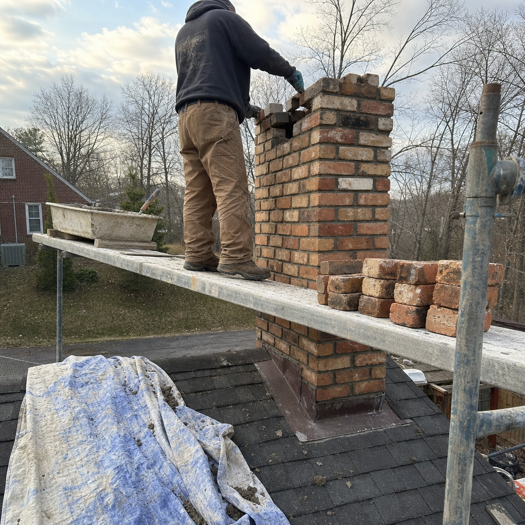 professional mason performing chimney brickwork repair and liner rebuild in Eagleton Village, TN